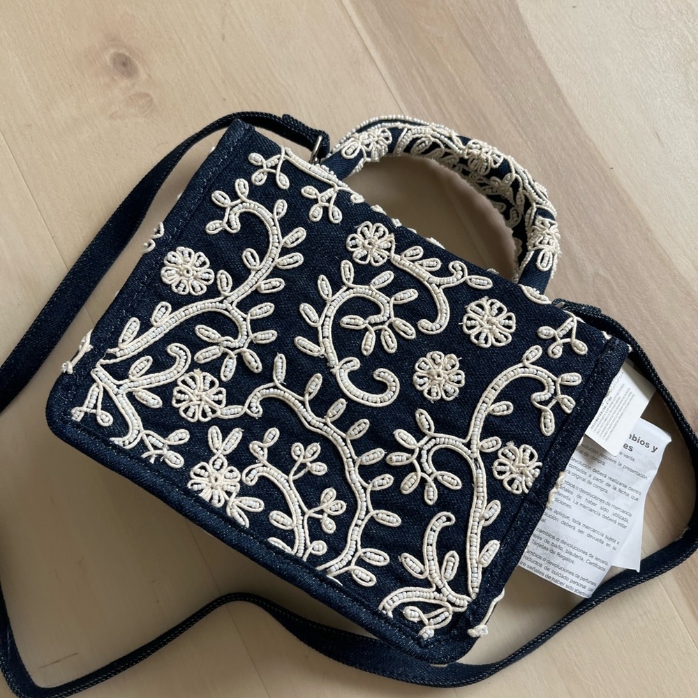 Zara Elegant Navy Blue Denim Embroidered Handbag